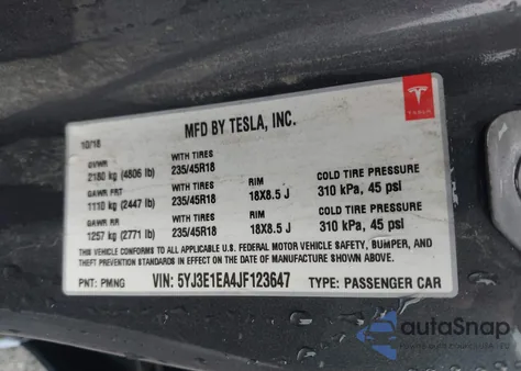 2018 Tesla Model 3 Long Range/Mid Range from USA, damaged, VIN 5YJ3E1EA4JF123647